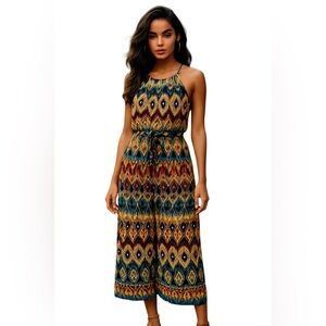 NEW Emma Michele Cropped Jumpsuit Printed Colorful High Neck Sleeveless Size XL